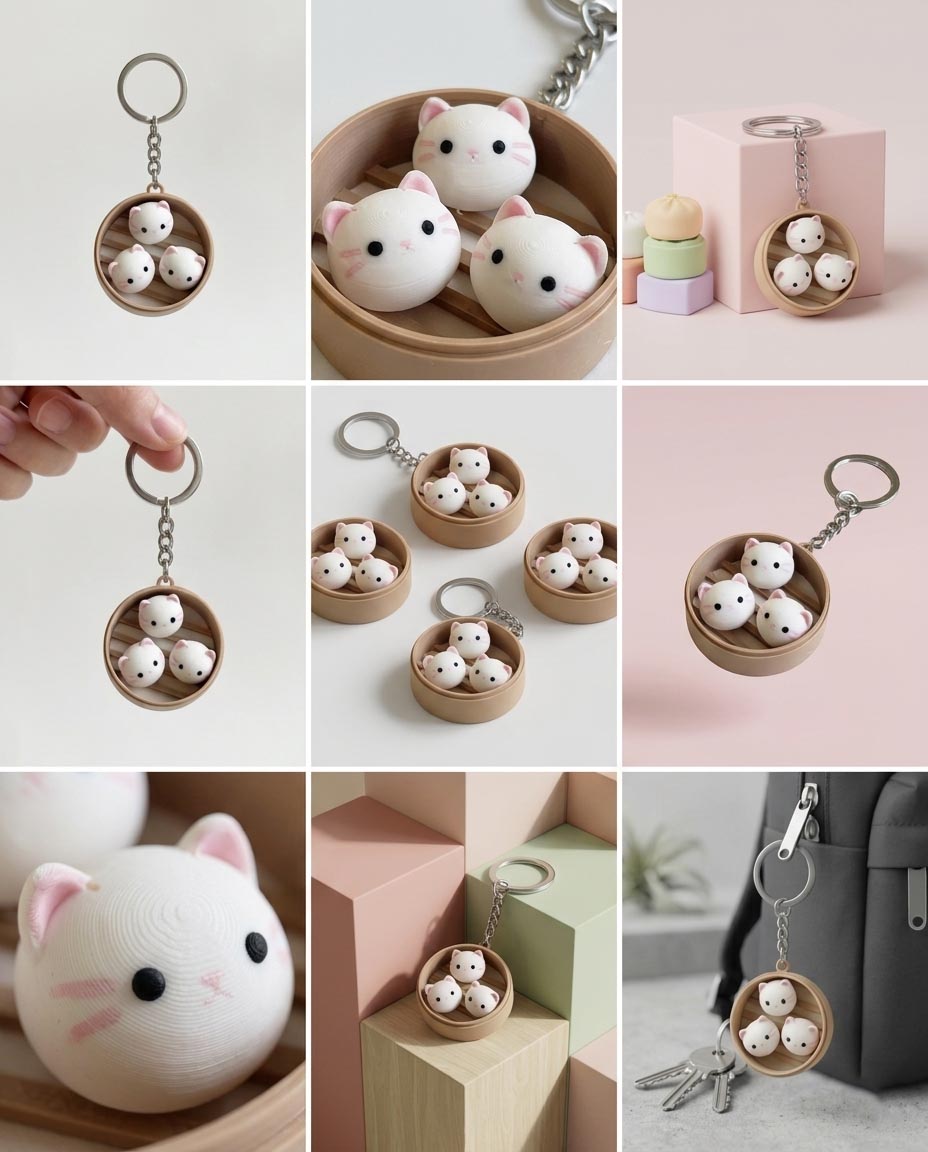 Cute 3D Printed Basket with 3 Cats Keychain