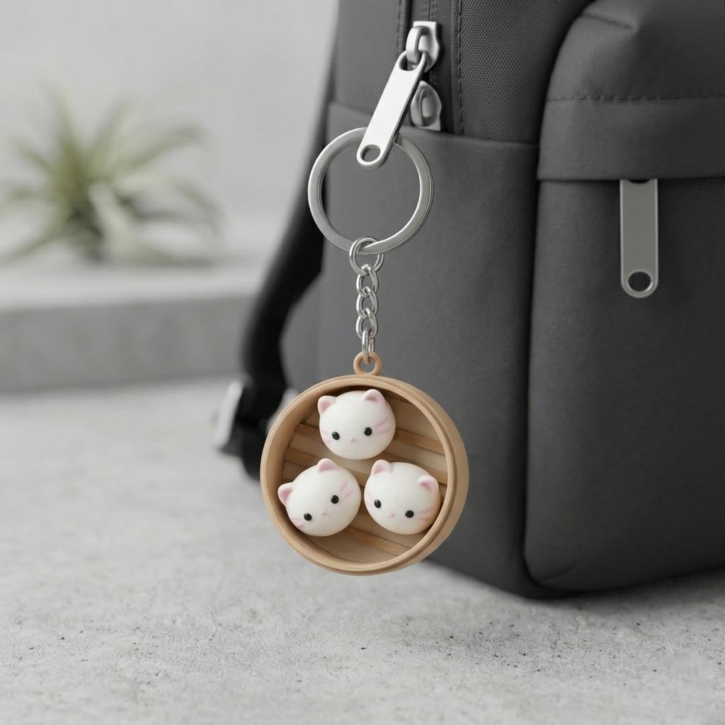 Cute 3D Printed Basket with 3 Cats Keychain